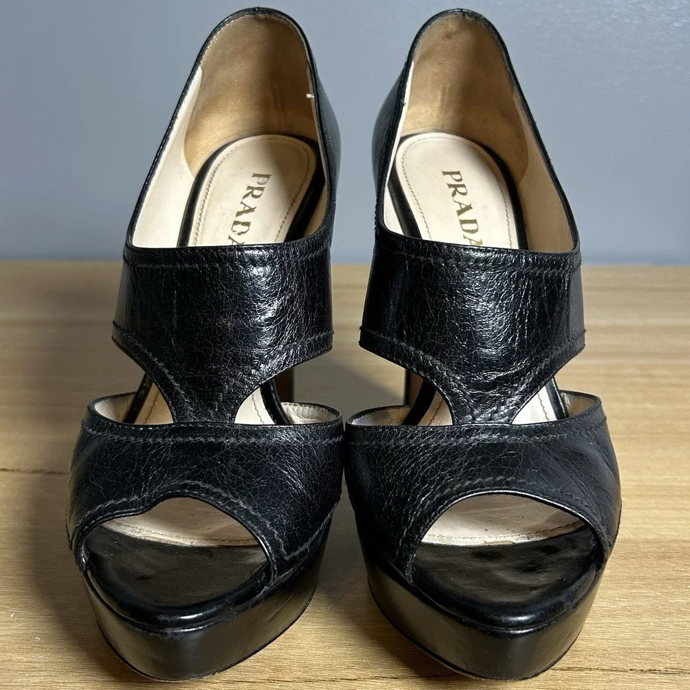 Prada Black Leather Cutout Platform Open Toe Stiletto Pumps
